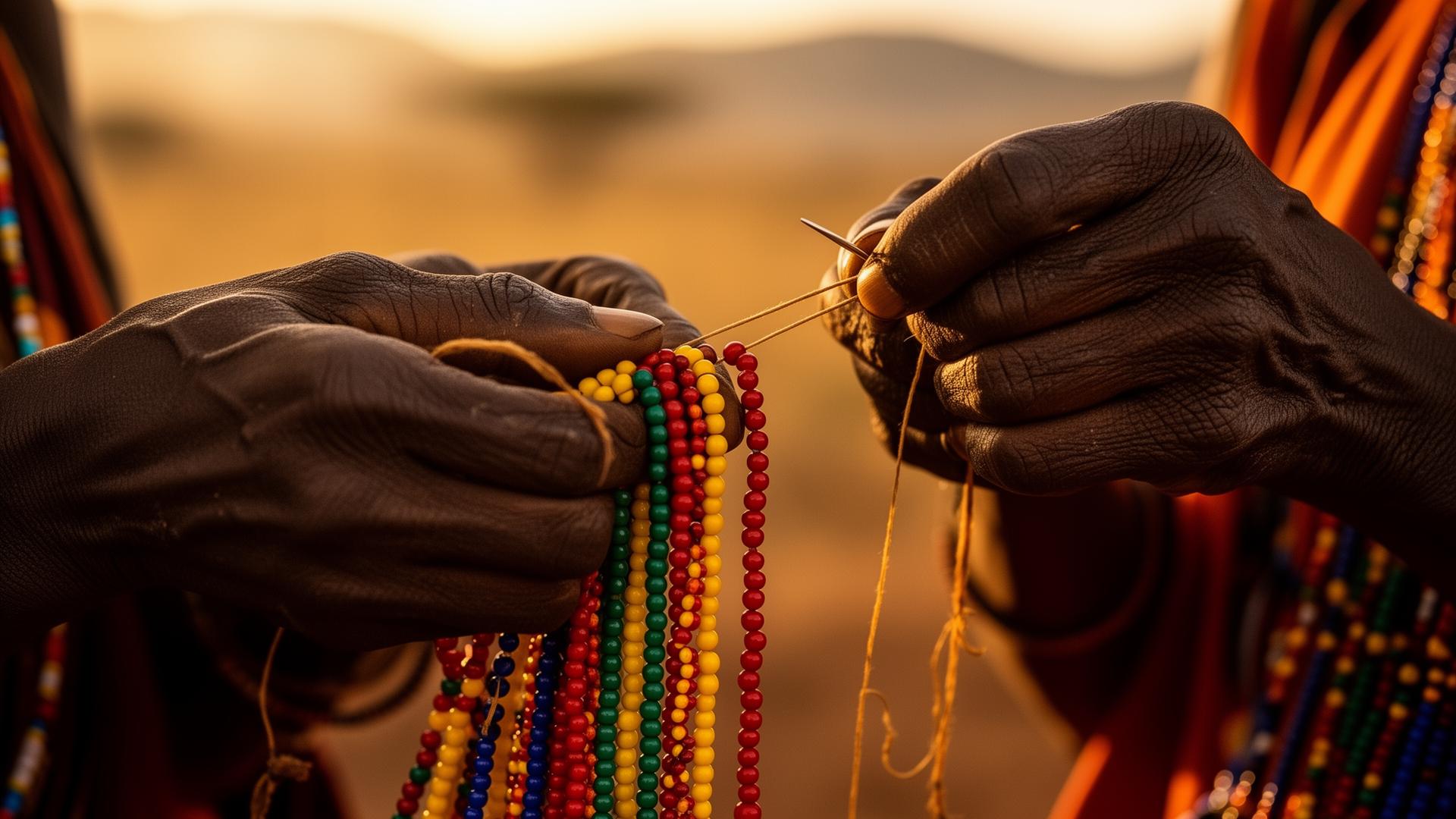 Maasai artisan hands threading colorful beads at golden hour